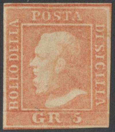 Non identificato, Sicilia (1859) — 5 grana vermiglio chiaro, francobollo con linguellato