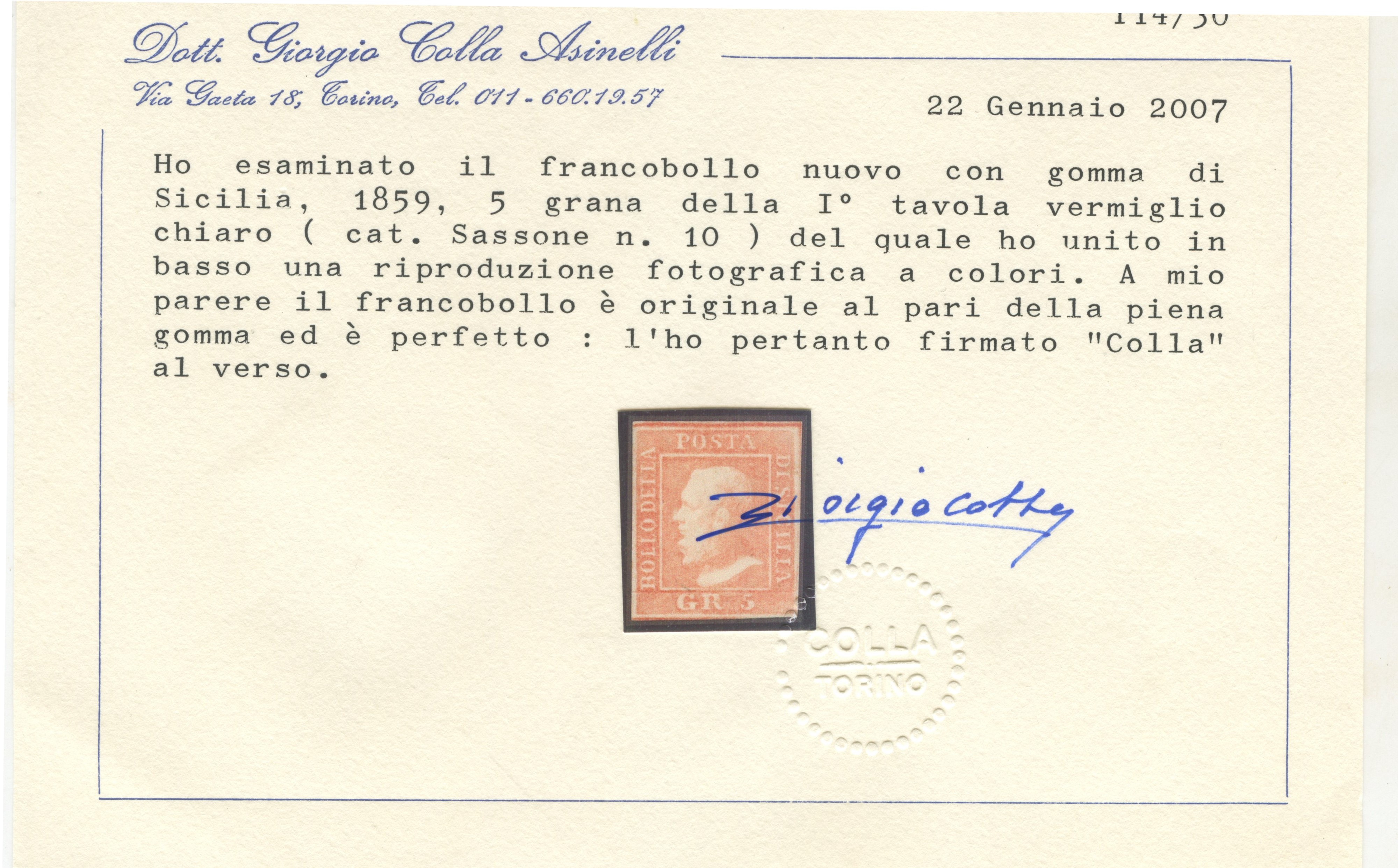 Non identificato, Sicilia (1859) — 5 grana vermiglio chiaro, francobollo con linguellato
