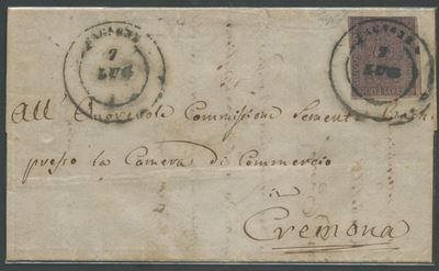Ducato di Parma, Storia postale: lettera del 5.7.1859 Bagnone–Cremona con affrancatura 25 c. viol...
