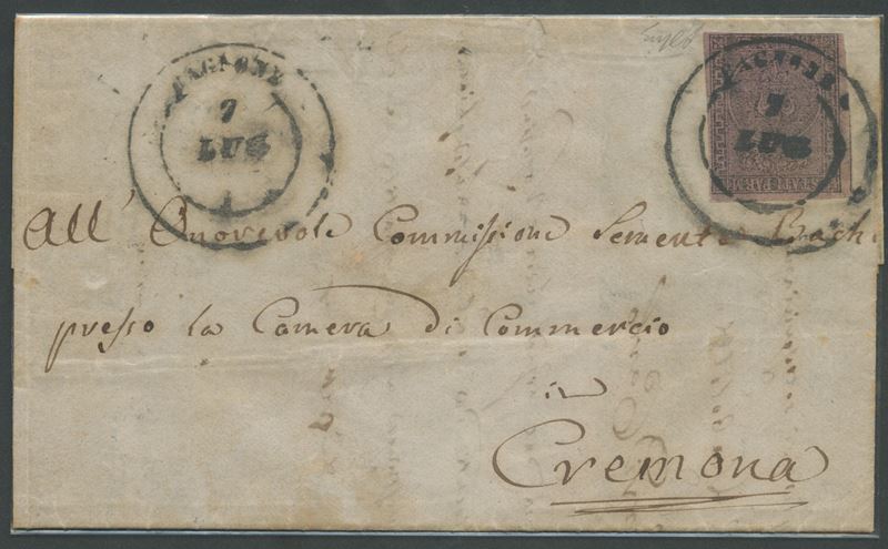 Ducato di Parma, Storia postale: lettera del 5.7.1859 Bagnone–Cremona con affrancatura 25 c. viol...