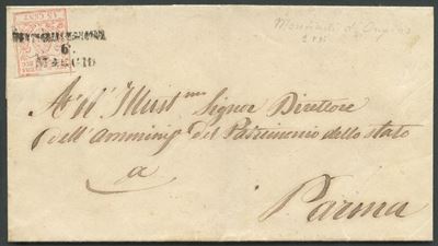 Lettera postale, Monticelli d’Ongina per Parma (1859) con affrancatura da 15 c. vermiglio