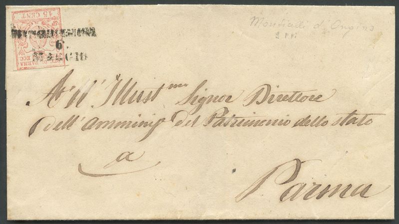 Lettera postale, Monticelli d’Ongina per Parma (1859) con affrancatura da 15 c. vermiglio