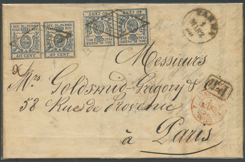 Cartolina/lettera postale, Parma–Parigi, 1.03.1859, affrancatura con due coppie da 40c (azzurro n...