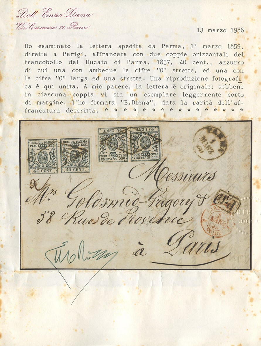 Cartolina/lettera postale, Parma–Parigi, 1.03.1859, affrancatura con due coppie da 40c (azzurro n...
