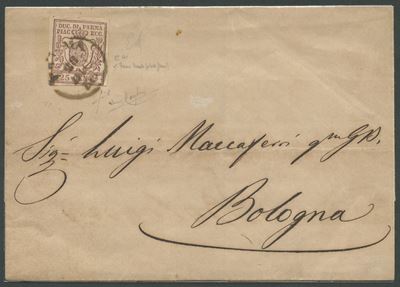Francobollo del 1858, Parma—Bologna, 25 centesimi bruno lilla (N. 10)