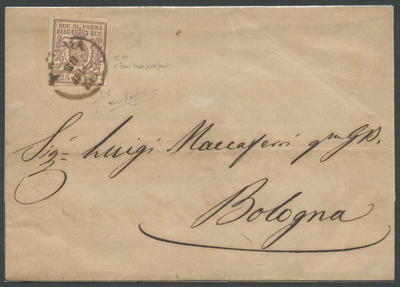 Francobollo del 1858, Parma—Bologna, 25 centesimi bruno lilla (N. 10)