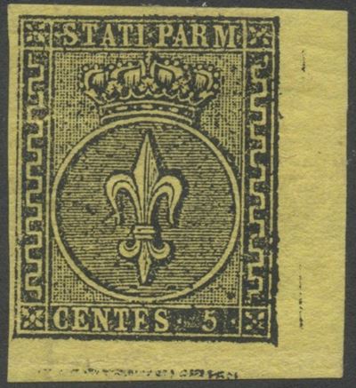 Francobollo, Parma, 1852, 5 centesimi giallo-arancio