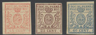 Ducato di Parma, serie completa n. 9/11 (1857) con gomma e linguellatura