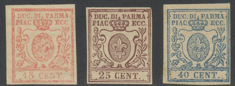 Ducato di Parma, serie completa n. 9/11 (1857) con gomma e linguellatura