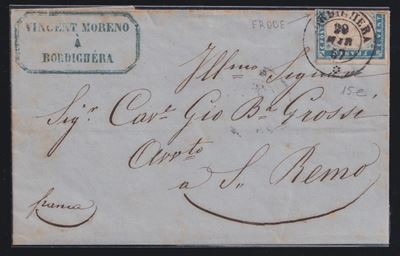 Sardegna, IV emissione (1857 circa) – Frode postale, lettera affrancata da Bordighera a Sanremo