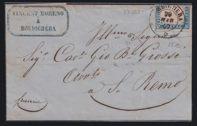 Sardegna, IV emissione (1857 circa) – Frode postale, lettera affrancata da Bordighera a Sanremo