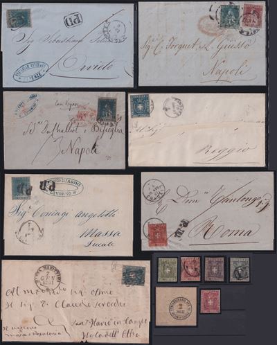 Toscana, Insieme postale (7 documenti + 6 francobolli sciolti), 1851