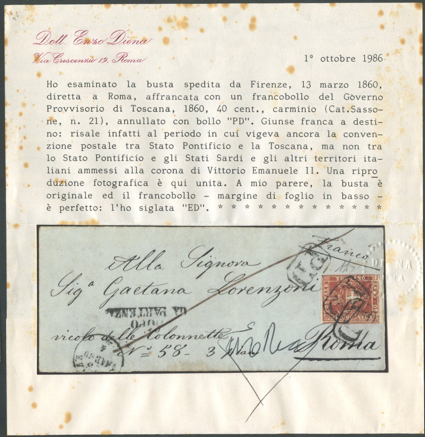 Collezione di affrancature postali toscane, Lettera Firenze–Roma del 13 marzo 1860 con 40 centesi...