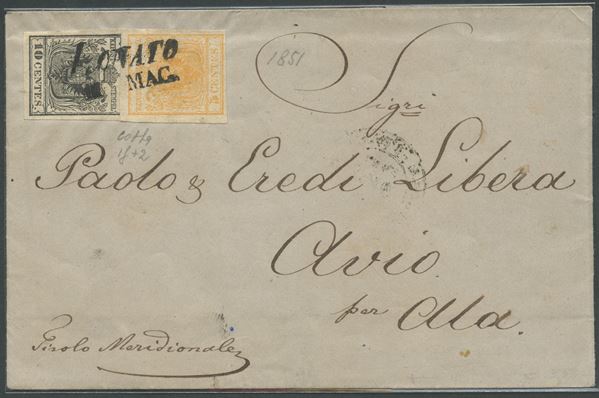 1851, Lettera da Lonato per Avio affrancata per 15 centesimi tramite un 5c. Gia...