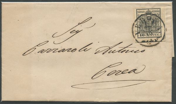 Lettera da Verona per Cerea affrancata tramite un 10c. Nero N.19 carta a macchi...