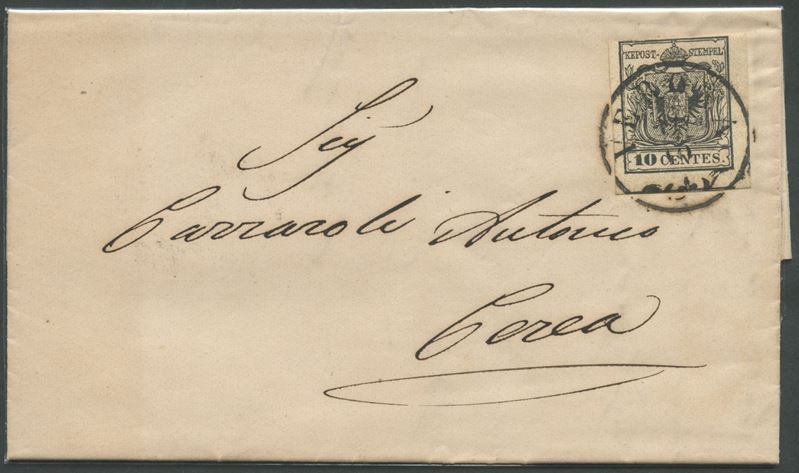 Lombardo-Veneto, 1858, Lettera postale da Verona per Cerea con affrancatura 10 centesimi nero (n....