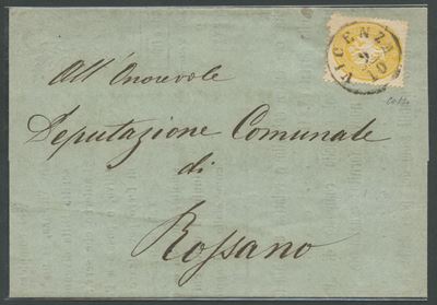 Lombardo-Veneto, Storia postale, lettera con affrancatura da 2 soldi giallo (n. 36), 1865