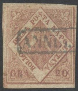 Regno di Napoli, 20 grana, francobollo rosa-brunastro (1858) n. 12, usato