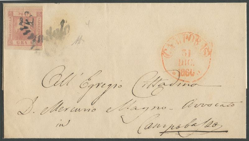 Lettera postale da Campobasso a Napoli, 31 dicembre 1860, tariffa del circondario e affrancatura ...