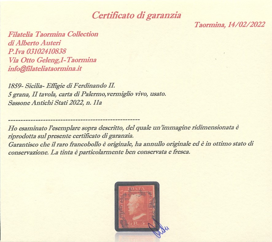 Certificato F. Taormina, Sicilia, 1859 — 5 gr Vermiglio Vivo n. 11a