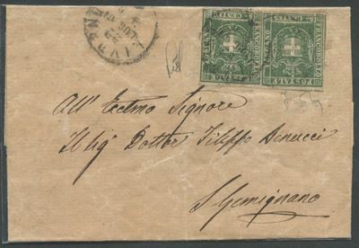 Toscana, Lettera da Livorno per San Gemignano affrancata con coppia di 5c. Verde N.18 (G. Provvis...