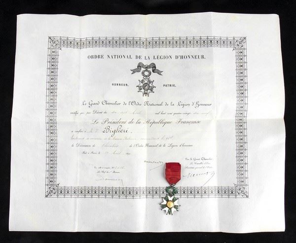 LEGION OF HONOR WITH DIPLOMA OF CONCESSION OF THE THIRD REPUBLIC...  (ORDINI E MEDAGLIE - FRANCIA...)  - SILVER, 50x60 mm - Auction Militaria, Medals and Orders of Chivalry - Bertolami Fine Art - Casa d'Aste