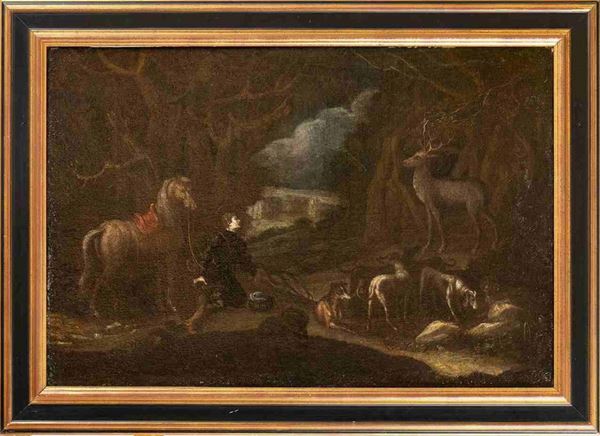 Artista fiammingo, XVII-XVIII secolo : Visione di Sant'Eustachio...  - Auction Dipinti e Disegni dal XV al XIX secolo - Bertolami Fine Art - Casa d'Aste