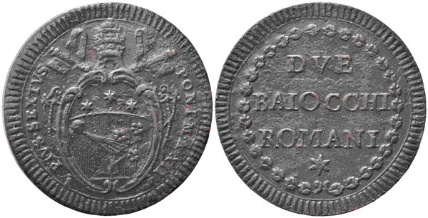 ROMA. Stato Pontificio. Pio VI (1775-1799). 2 Baiocchi anno XII. Cu (22,65 g). ...