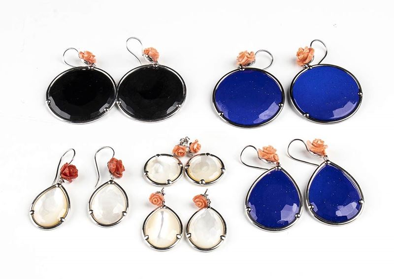 6 Paia di Orecchini in Pietre Dure ed Argento ...