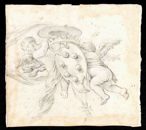 PIER DANDINI (Firenze, 1646 - 1712) : Putti in volo che sorreggono lo stemma mediceo ...  - Asta Dipinti e Disegni dal XV al XIX secolo - Bertolami Fine Art - Casa d'Aste