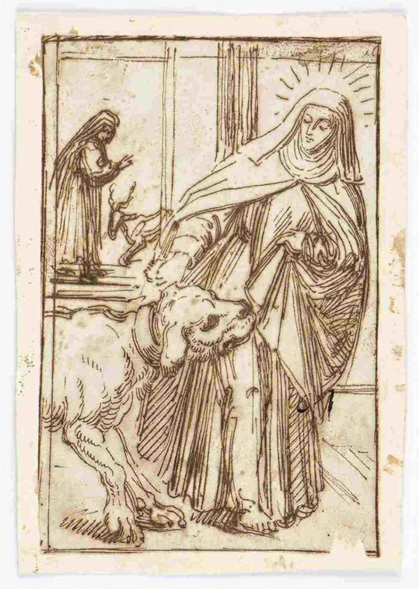 Monaca tira per l'orecchio un molosso...  - Auction Dipinti e Disegni dal XV al XIX secolo - Bertolami Fine Art - Casa d'Aste