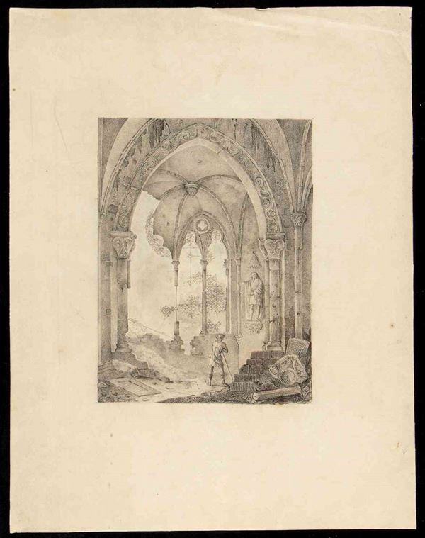 Chiesa gotica in rovina con figura che contempla una scultura...  - Auction Dipinti e Disegni dal XV al XIX secolo - Bertolami Fine Art - Casa d'Aste