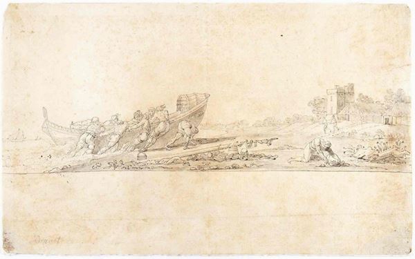 Pescatori che ritirano la barca a riva...  - Auction Dipinti e Disegni dal XV al XIX secolo - Bertolami Fine Art - Casa d'Aste