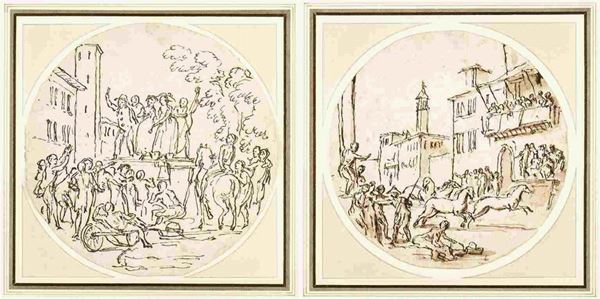 Coppia di disegni: a) Concertino nel parco; b) corsa di cavalli tra due ali di ...  - Auction Dipinti e Disegni dal XV al XIX secolo - Bertolami Fine Art - Casa d'Aste