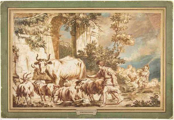 Giovanni Benedetto Castiglione detto il Grechetto : Pastori con armenti tra le rovine classiche presso una fontana...  - Auction Dipinti e Disegni dal XV al XIX secolo - Bertolami Fine Art - Casa d'Aste