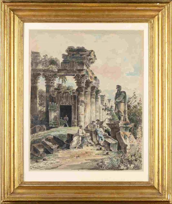 Charles-Joseph Natoire : Capriccio con figure e ruderi di un tempio classico nella campagna romana...  - Auction Dipinti e Disegni dal XV al XIX secolo - Bertolami Fine Art - Casa d'Aste