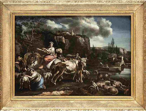 Artista napoletano, prima met&#224; XVIII secolo : Paesaggio con pastori e armenti presso un corso d'acqua...  - Auction Dipinti e Disegni dal XV al XIX secolo - Bertolami Fine Art - Casa d'Aste