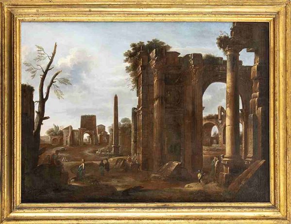 GIOVANNI GHISOLFI (Milano, 1609 ca. - 1661), ATTRIBUITO - Capriccio architettonico con figure, ruderi classici e arco di Tito sullo sfond...