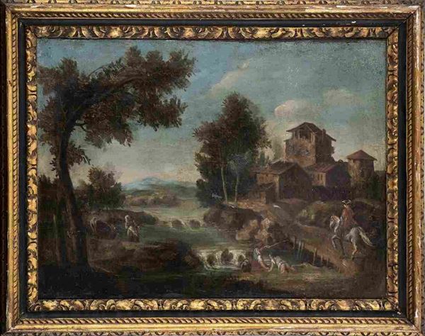 Paesaggio con corso d'acqua, pescatori e un cavaliere...  - Asta Dipinti e Disegni dal XV al XIX secolo - Bertolami Fine Art - Casa d'Aste