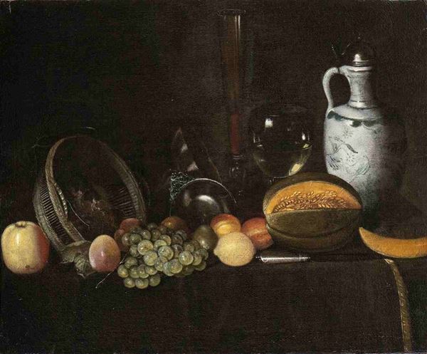 Natura morta di frutta con calici di cristallo e brocca di ceramica...  - Asta Dipinti e Disegni dal XV al XIX secolo - Bertolami Fine Art - Casa d'Aste