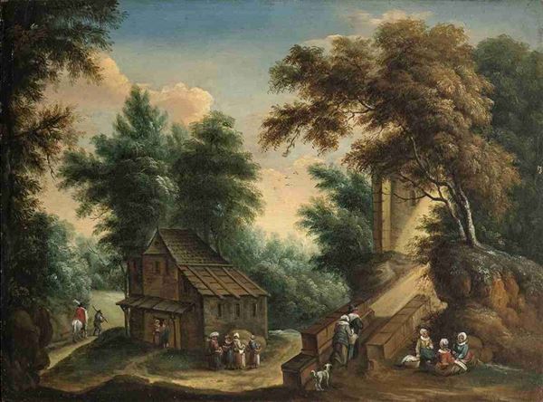 
AMBITO DI THEOBALD MICHAU (Doornik, 1676 - Anversa,  1765) 
 : Paesaggio fiammingo, scena di villaggio...  - Asta Dipinti e Disegni dal XV al XIX secolo - Bertolami Fine Art - Casa d'Aste