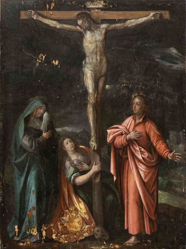 Scuola toscana, seconda met&#224; XVI secolo : Cristo crocifisso con Maria Maddalena, la Vergine e San Giovanni Evangelista...  - Auction Dipinti e Disegni dal XV al XIX secolo - Bertolami Fine Art - Casa d'Aste