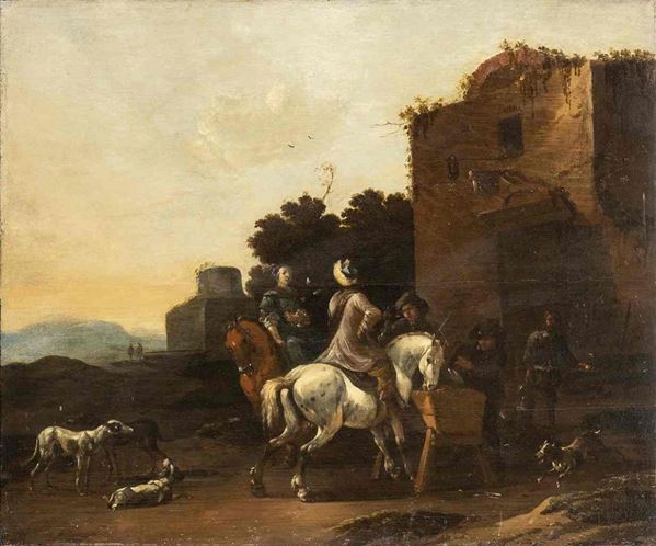 AMBITO DI THOMAS WIJCK, SECONDA MET&#192; XVIII SECOLO : Paesaggio con sosta dei cavalieri ...  - Asta Dipinti e Disegni dal XV al XIX secolo - Bertolami Fine Art - Casa d'Aste