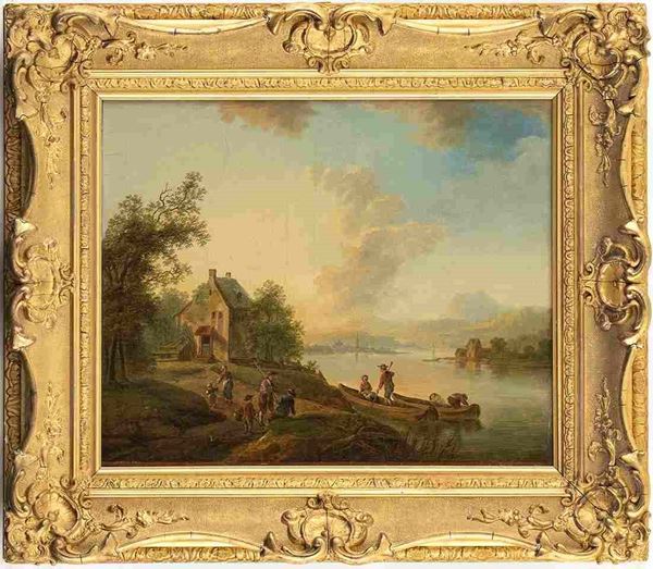 FRANZ HOCHECKER  (Francoforte sul Meno, 1730 - 1782) : Veduta di fiume con barche...  - Auction Dipinti e Disegni dal XV al XIX secolo - Bertolami Fine Art - Casa d'Aste