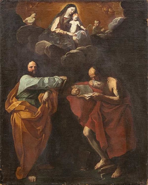 Guido Reni,SEGUACE DI GUIDO RENI, XVII SECOLO : Madonna con Bambino tra i Santi Tommaso e Girolamo...  - Auction Dipinti e Disegni dal XV al XIX secolo - Bertolami Fine Art - Casa d'Aste