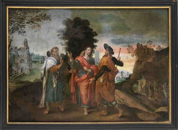 Scuola fiamminga, seconda met&#224; XVI secolo : Incontro a Emmaus, tra Cristo e due apostoli...  - Asta Dipinti e Disegni dal XV al XIX secolo - Bertolami Fine Art - Casa d'Aste