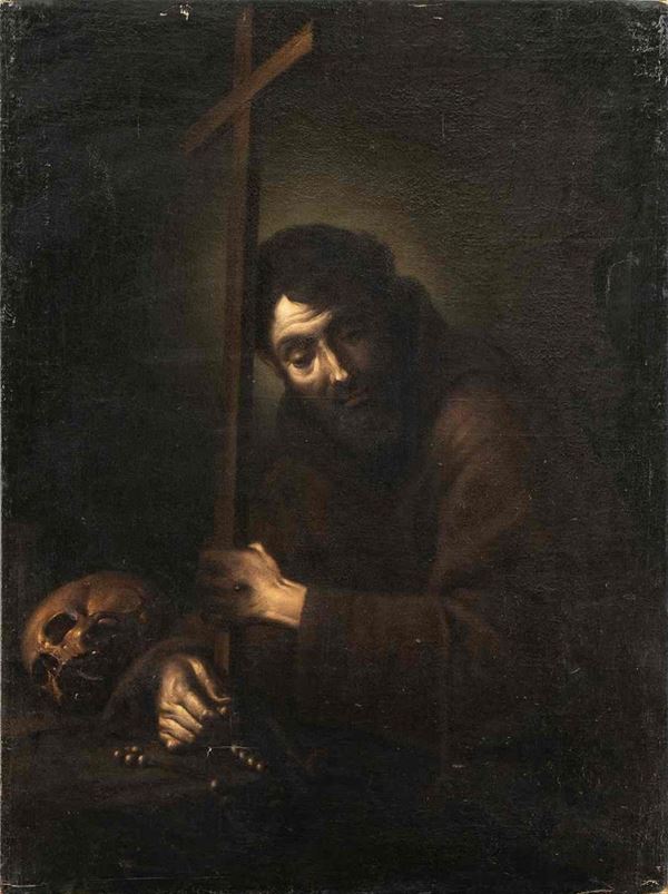 CERCHIA DI BERNARDO STROZZI, PRIMA MET&#192; XVII SECOLO : San Francesco in contemplazione della Croce...  - Asta Dipinti e Disegni dal XV al XIX secolo - Bertolami Fine Art - Casa d'Aste