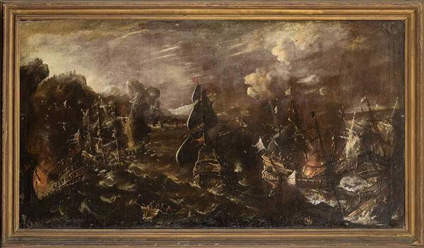 Artista fiammingo, fine XVII - inizio XVIII secolo : Battaglia navale con mare in burrasca...  - Asta Dipinti e Disegni dal XV al XIX secolo - Bertolami Fine Art - Casa d'Aste