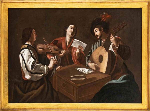 AMBITO DI PIETRO PAOLINI (Lucca, 1603 - 1681) : Concerto con suonatore di liuto, suonatore di violino e cantante...  - Asta Dipinti e Disegni dal XV al XIX secolo - Bertolami Fine Art - Casa d'Aste