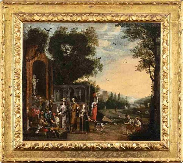 Artista fiammingo, XVI - XVII secolo : Paesaggio con giocatori di carte, nobili a passeggio e viandanti...  - Auction Dipinti e Disegni dal XV al XIX secolo - Bertolami Fine Art - Casa d'Aste